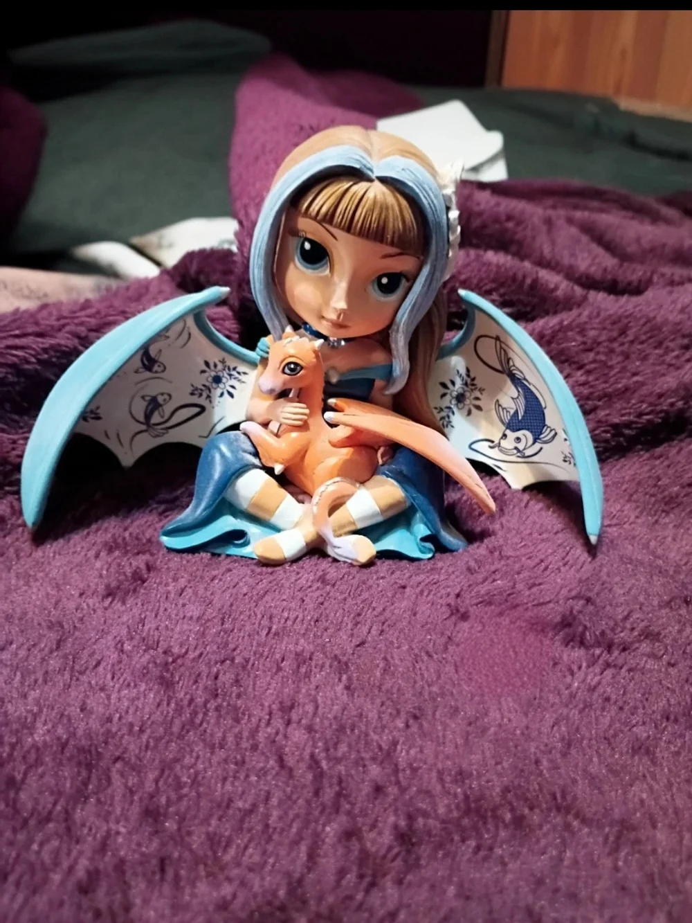 Blue Winged Fairy Doll Holding Orange Dragon Figurine - Kids Toys